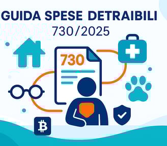 Guida CAF Public 730/2025 con simboli fiscali, criptovalute, scuola e sicurezza su sfondo chiaro
