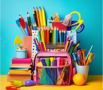 a school bag with school supplies and supplies