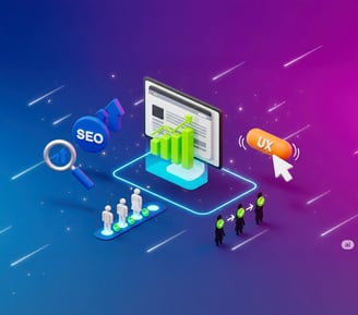 Embudo de conversión digital con gráfico de barras ascendentes, iconos de SEO y UX, lupa de búsqueda y siluetas de usuarios, 