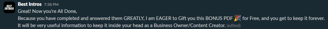 Slack chat message: Great! Now you're All Done, I am Eager to Gift you this Bonus for Free.