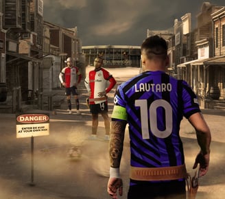 Photoshopped image of lautaro Martinez looking at footballer paixao in a western style