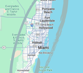 Service area map covering Miami, Fort Lauderdale, Boca Raton, and surrounding cities.