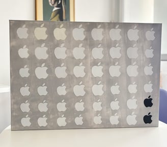 foto da arte contemporânea composta de uma tela de 70x50 cm pintada em cinza claro coberta por 48 adesivos da apple.