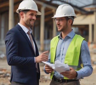 two men in hard hats and safety vests standing in front of a building