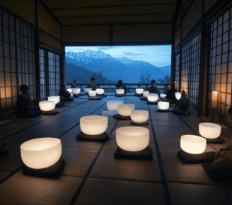 A group of people meditate with singing bowls in the Himalayan mountains