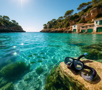 máscara y tubo de snorkel en una roca en Cala s'Almunia, Mallorca