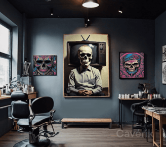 Quadro de caveira e tatuagem, criando uma atmosfera ousada e inspiradora para os clientes do studio.