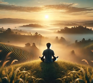 Person meditating on a hilltop at sunrise, overlooking a misty valley, symbolizing peace, mindfulness, and self-reflection.