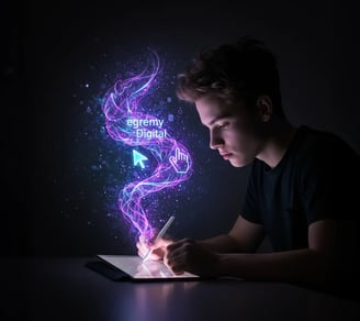 Artista joven dibuja en tablet con espiral holográfica y logo Egremy Digital, simboliza creatividad digital.