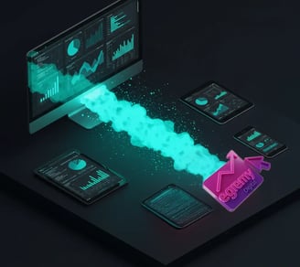 Visualización 3D de dashboard con flujo de datos verde al logo Egremy Digital; analítica multidispositivo y crecimiento.