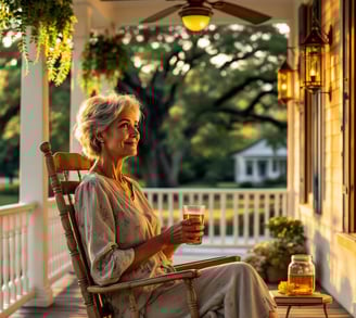 a shady porch in the South where people where a woman in a rocking chair is drinking southern sweet