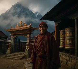 Sherpa elder near Tengboche Monastery with prayer wheels and mist.