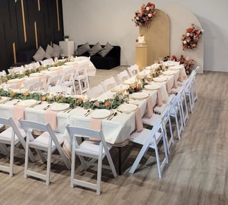 Bridal shower Table setting for 30 guests + floral 2 panel backdrop