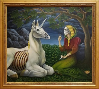 A skull-faced unicorn with a flayed side lays before a skull-faced woman with blond hair in a garden