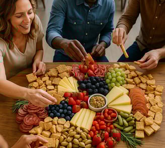 a group of people eating a platter of food
