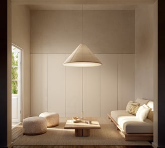 diseño interior japonés. muebles minimalistas, lampara conica colgante. puffs con patrones.