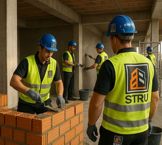 Obra STRU com alvenaria e reboco em execução.