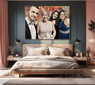 Arte pop de família com traços marcantes e cores vivas.