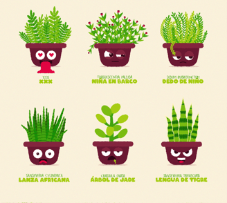 una variedad de plantas en macetas con caras