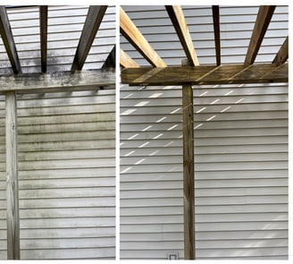 Before and after pressure washing siding and wooden pergola beams