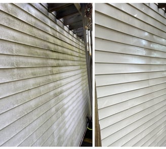 Before and after pressure washing vinyl house siding