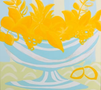 a painting of a bowl of flowers and fruit, still life painting, original art by Lena Sin