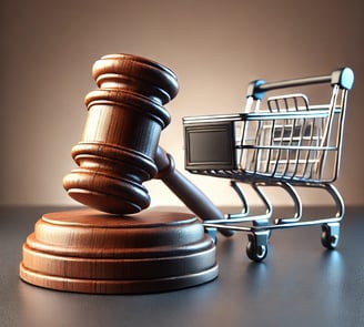 Martelo da justiça e carrinho de compras - Direito do Consumidor