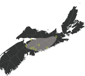 Map of Nova Scotia showing the service area for E&S Septic.