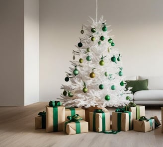 un albero di natale bianco con addobbi verdi, intorno pacchi regalo con nastri verdi e dietro divano bianco con cuscini verdi