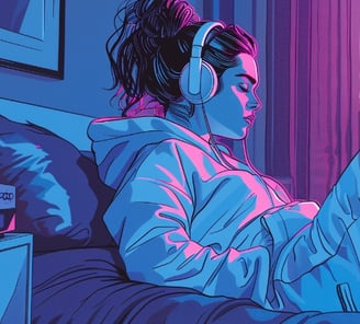 Woman sat with headphones, hair in a ponytail and a tracksuit, listening to must on a bed