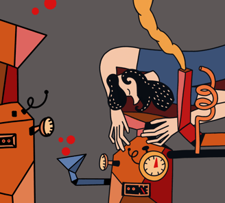 beer label example with caracter making beer. orange, blue, grey colors