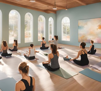 a group of people doing yoga exercises in a large room