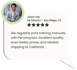 Client review on printing training manuals and shipping from Peru to California.