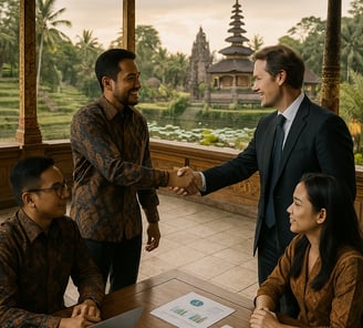 a man and woman shaking hands over a table