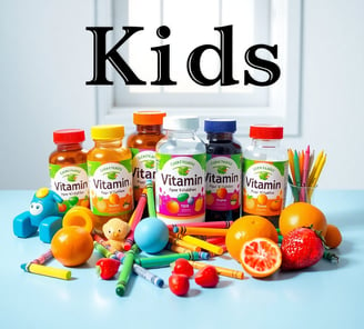 Varias botellas de diversos colores de Vitaminas para Niños