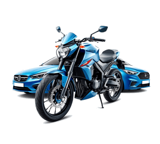 a blue motorcycle parked next to a blue car