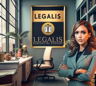 a woman in a suit and tie standing in front of a large poster