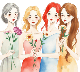 four girls with flowers in their hands