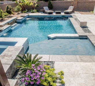 Luxury pool in Palo Alto featuring integrated lounge shelf, Baja shelf, and ambient lighting