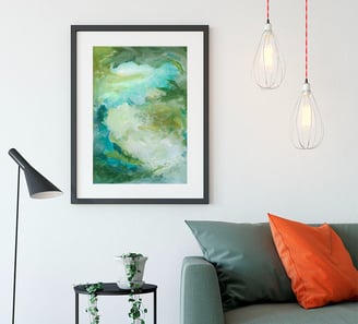 a wonderful green painting called "another earth" above a couch