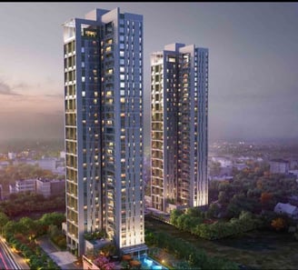 a tall building with a pool and a swimming pool
