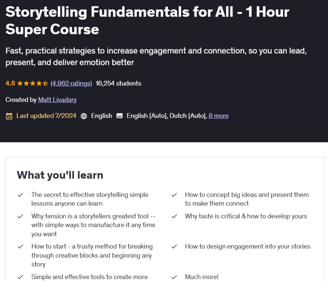 Screenshot of Udemy page for the Storytelling Fundamentals course to improve your writing