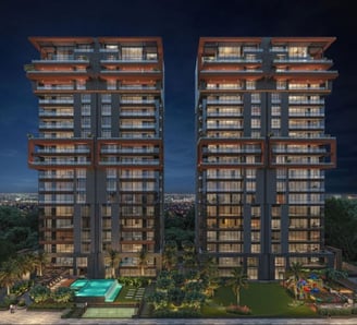 two tall buildings with a pool and a swimming pool