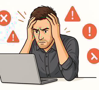Illustration of a stressed entrepreneur at his laptop, surrounded by red error icons and crosses, symbolizing online business