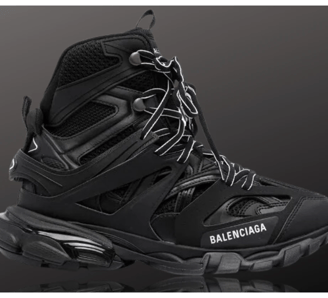 a pair of black and white sneakers with a black and white logo, Balenciaga