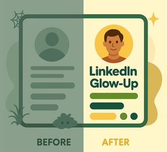 Whimsical graphic for LinkedIn profile update services, LinkedIn optimization, LinkedIn glow up
