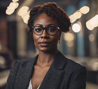 a woman in glasses and a blazer jacket