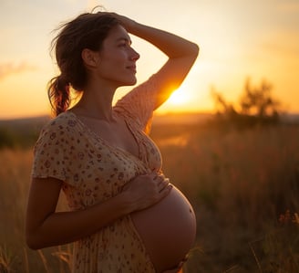 Fotografía de una mujer embarazada viendo hacia el atradecer acariciando su vientre 