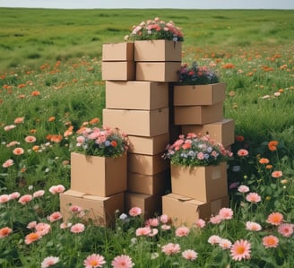 a stack of boxes with flowers in a field