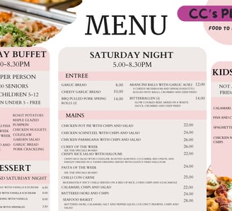 CC's Place Friday and Saturday Dinner Menu